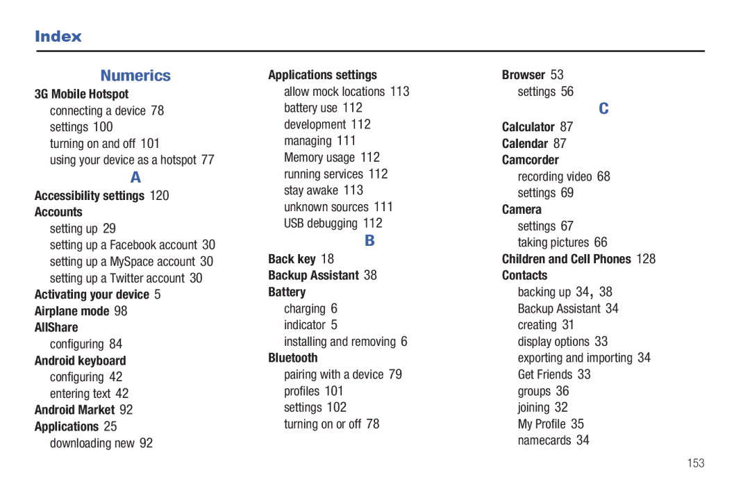 Samsung SCH-I800BKAVZW user manual Index Numerics 