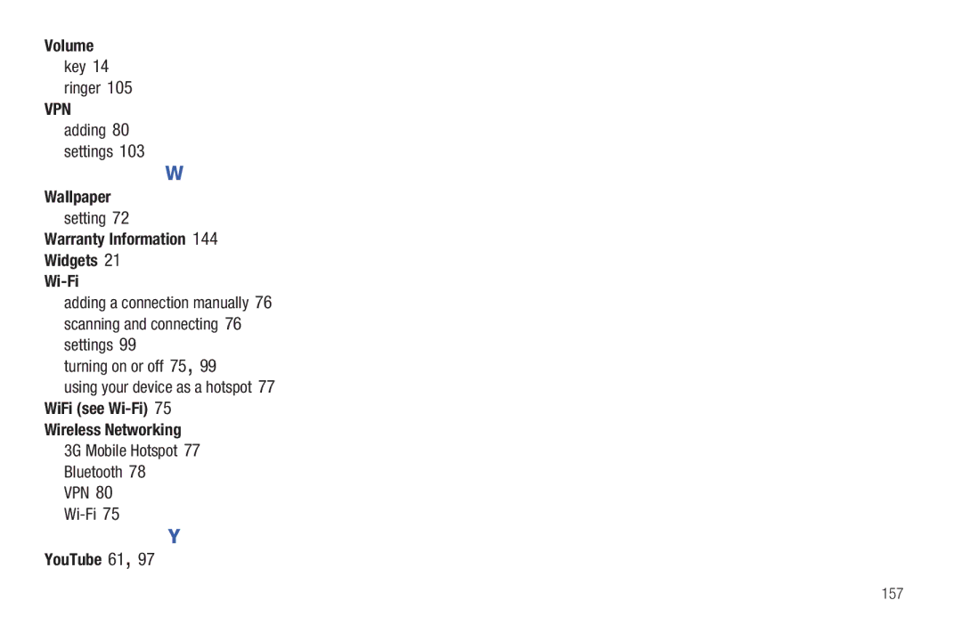 Samsung SCH-I800BKAVZW Volume, Warranty Information Widgets Wi-Fi, WiFi see Wi-Fi Wireless Networking, YouTube 61 