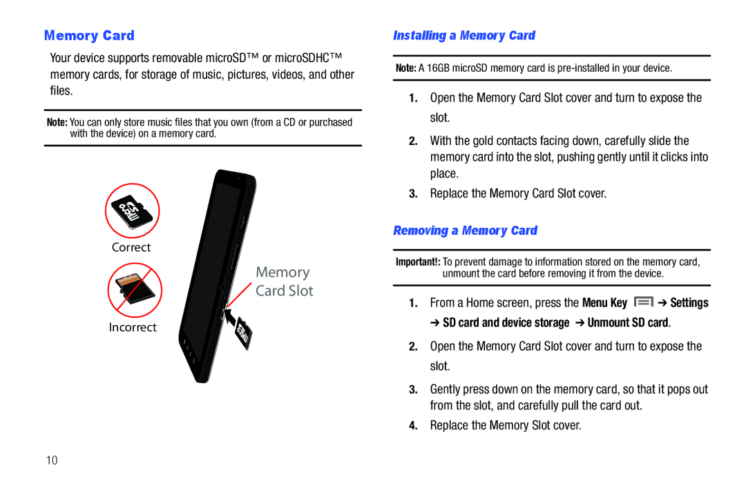 Samsung SCH-I800BKAVZW user manual Installing a Memory Card, Removing a Memory Card, Replace the Memory Slot cover 