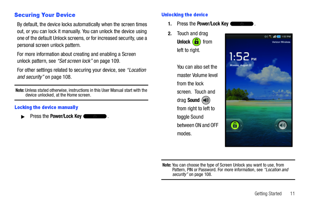 Samsung SCH-I800BKAVZW user manual Securing Your Device, Press the Power/Lock Key, Touch and drag 