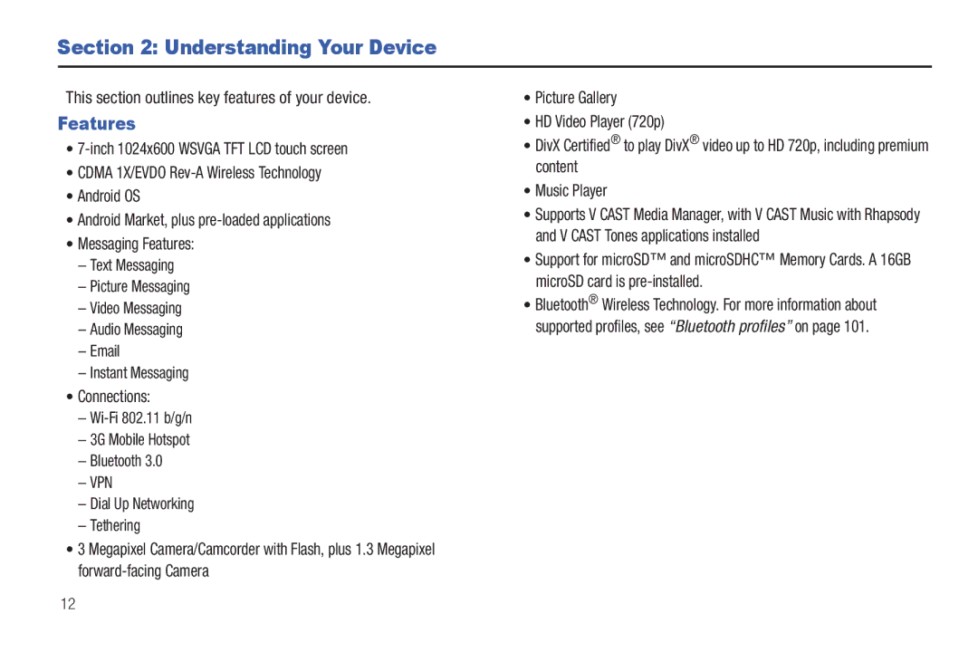 Samsung SCH-I800BKAVZW user manual Understanding Your Device, Features, This section outlines key features of your device 