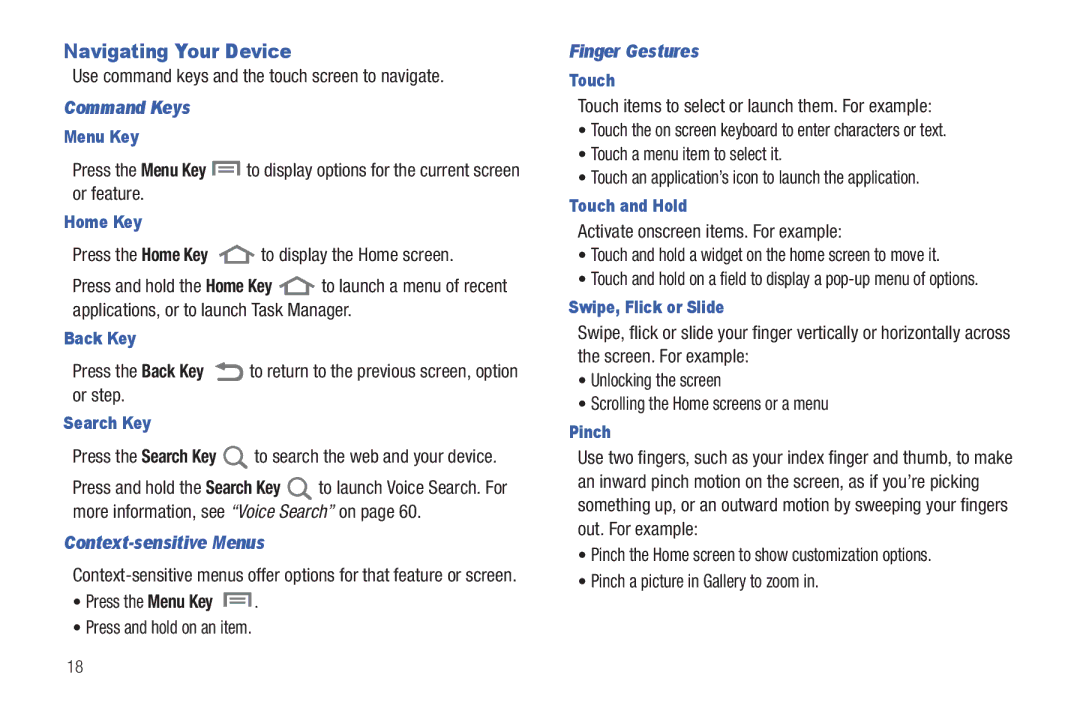 Samsung SCH-I800BKAVZW user manual Navigating Your Device, Command Keys, Context-sensitive Menus, Finger Gestures 