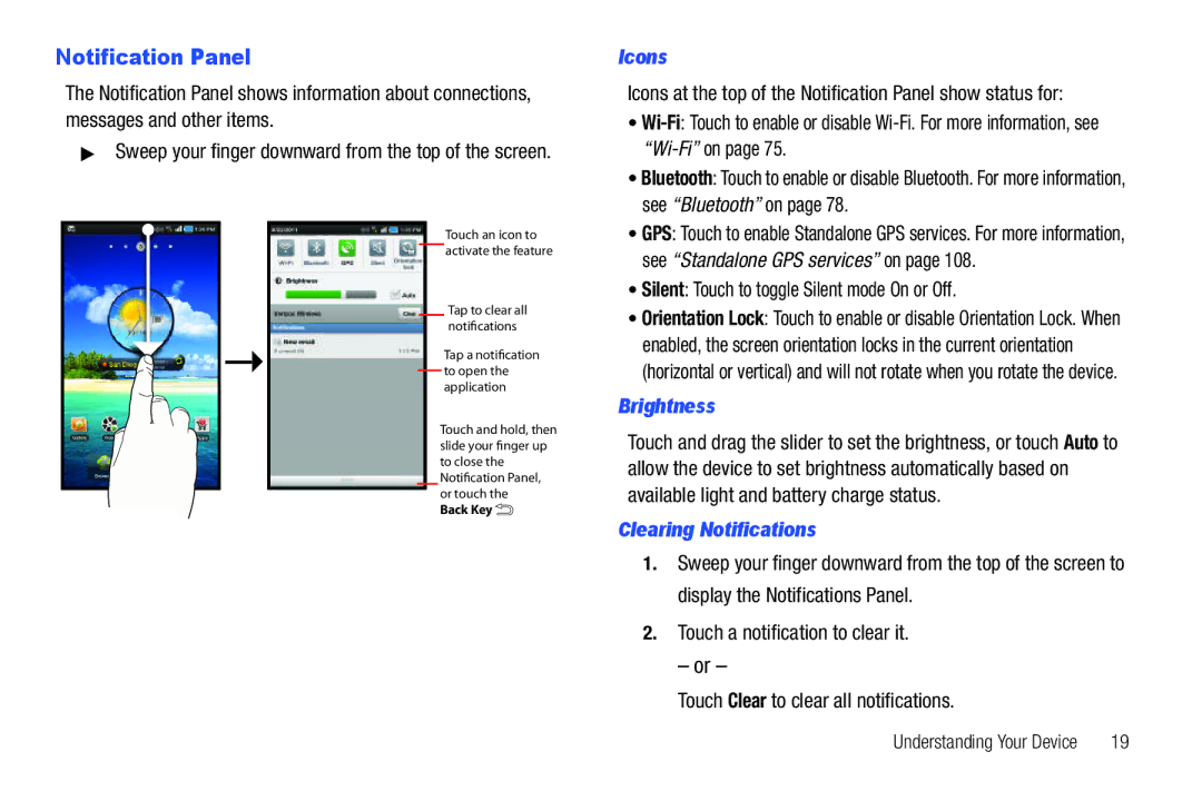 Samsung SCH-I800BKAVZW user manual Notification Panel, Icons, Silent Touch to toggle Silent mode On or Off, Brightness 