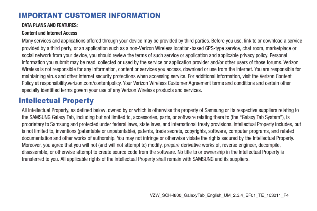 Samsung SCH-I800BKAVZW user manual Important Customer Information, Content and Internet Access 