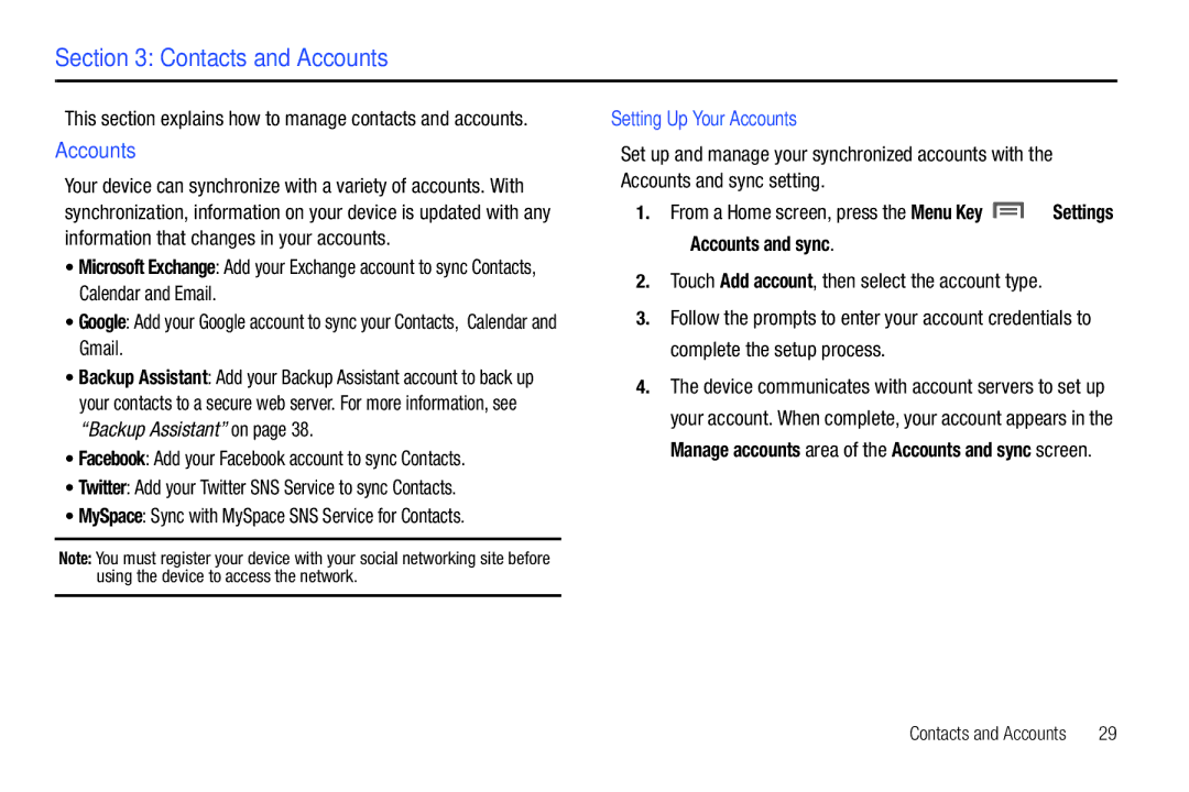 Samsung SCH-I800BKAVZW Contacts and Accounts, Twitter Add your Twitter SNS Service to sync Contacts, Accounts and sync 