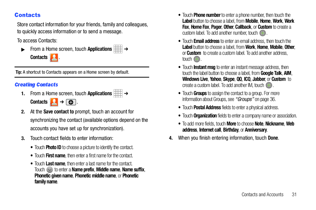 Samsung SCH-I800BKAVZW user manual Creating Contacts 