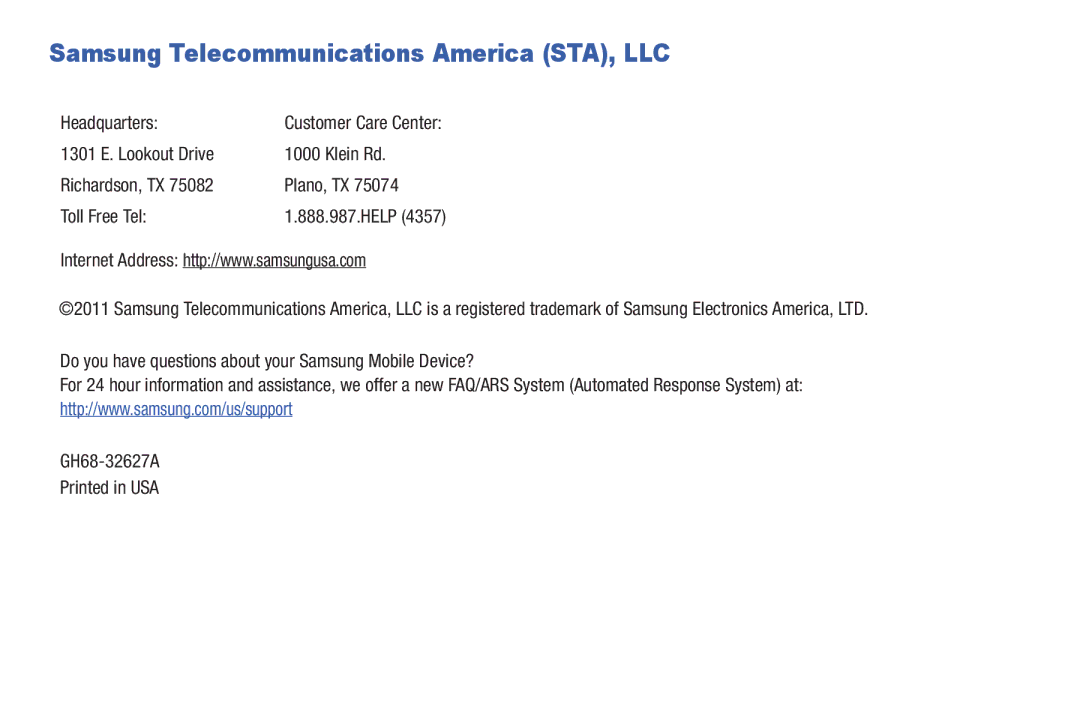 Samsung SCH-I800BKAVZW user manual Samsung Telecommunications America STA, LLC, Headquarters 