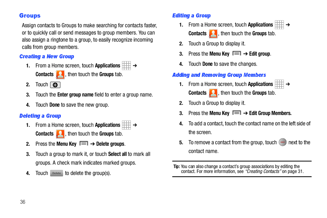 Samsung SCH-I800BKAVZW Groups, Creating a New Group, Deleting a Group, Editing a Group, Adding and Removing Group Members 