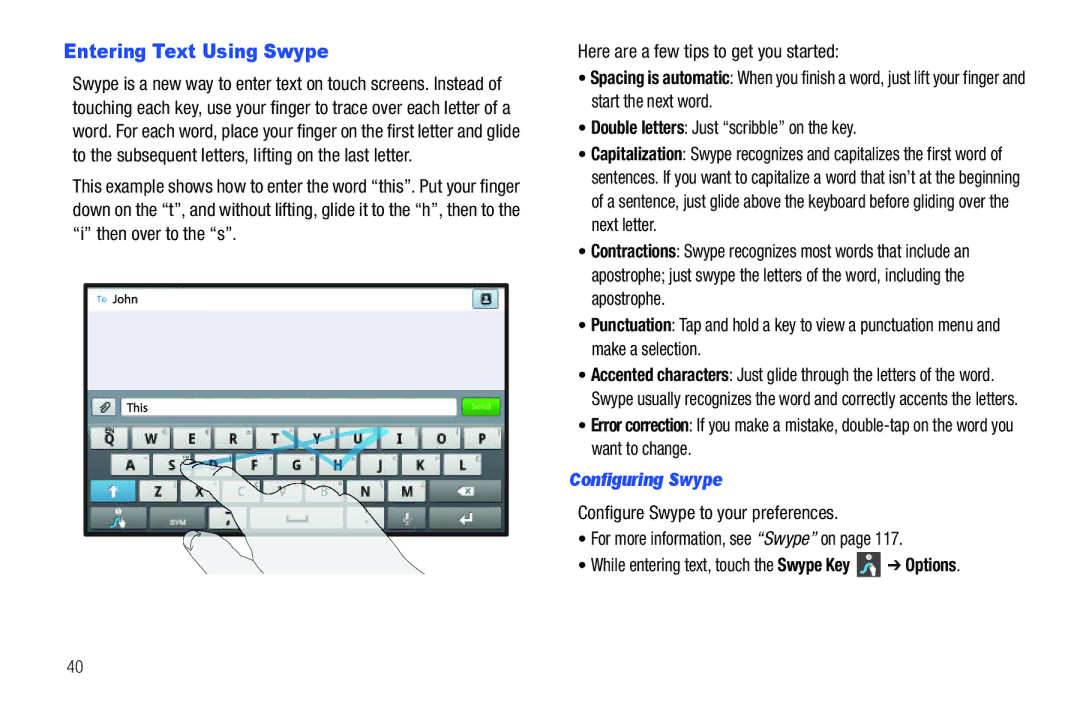 Samsung SCH-I800BKAVZW user manual Entering Text Using Swype, Configuring Swype 