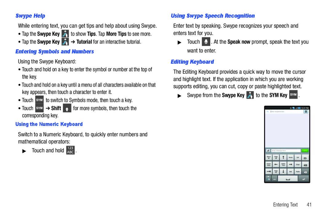 Samsung SCH-I800BKAVZW Swype Help, Entering Symbols and Numbers, Using Swype Speech Recognition, Editing Keyboard 