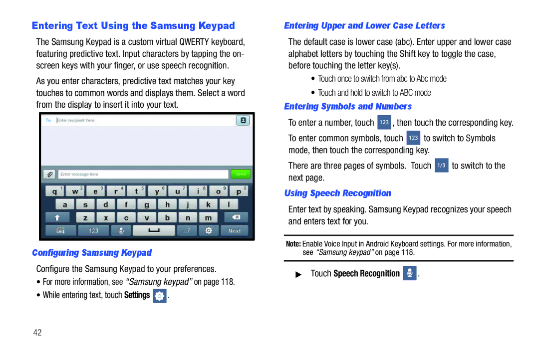 Samsung SCH-I800BKAVZW Entering Text Using the Samsung Keypad, Configuring Samsung Keypad, Using Speech Recognition 