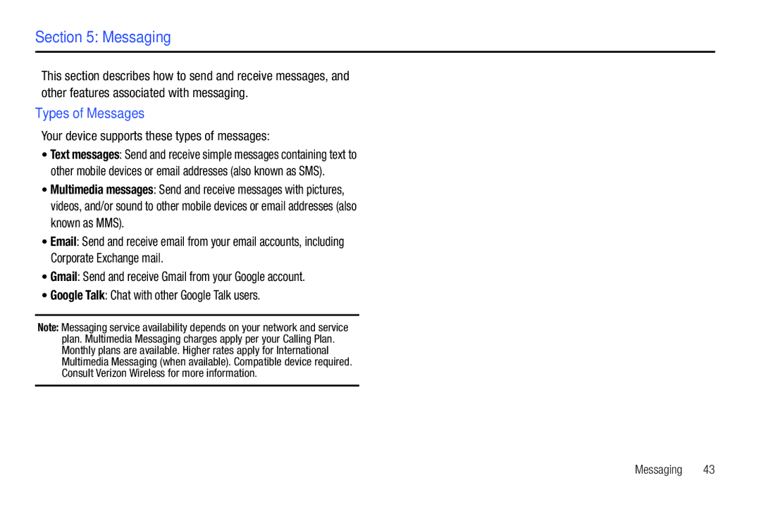 Samsung SCH-I800BKAVZW user manual Messaging, Types of Messages, Your device supports these types of messages 