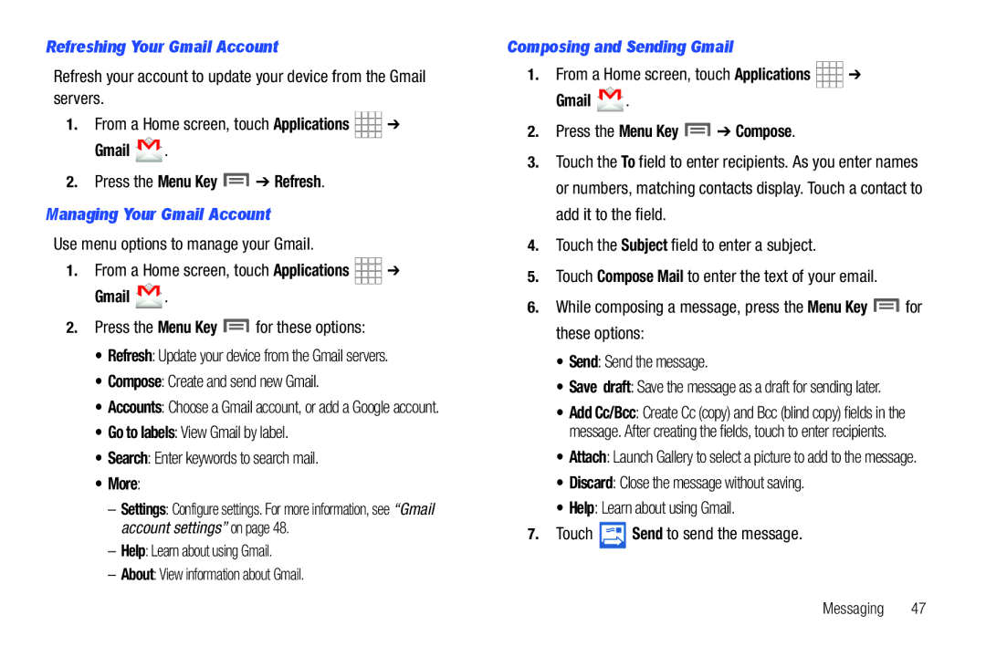 Samsung SCH-I800BKAVZW user manual Refreshing Your Gmail Account, Managing Your Gmail Account, Composing and Sending Gmail 