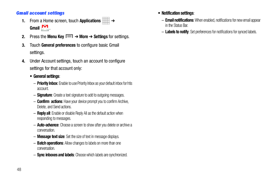 Samsung SCH-I800BKAVZW user manual Gmail account settings, Press the Menu Key More Settings for settings, General settings 