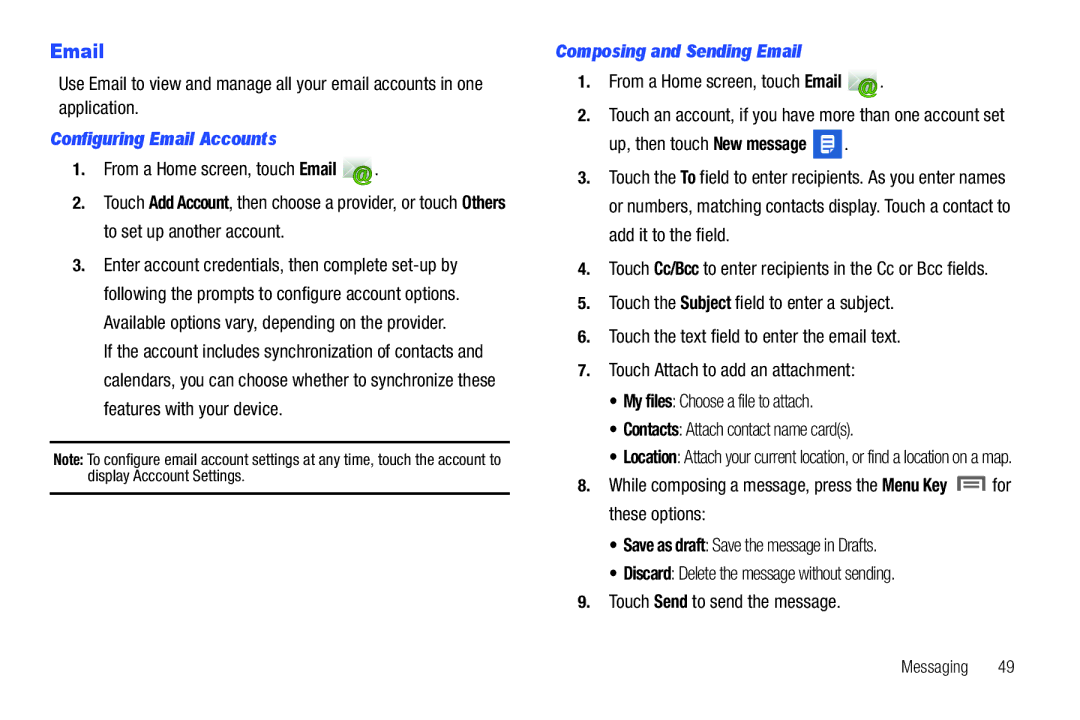 Samsung SCH-I800BKAVZW user manual Configuring Email Accounts, Composing and Sending Email, From a Home screen, touch Email 