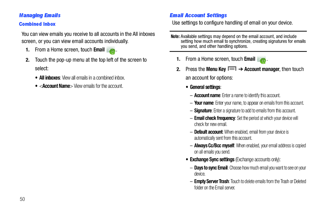 Samsung SCH-I800BKAVZW user manual Managing Emails, Email Account Settings, Combined Inbox 