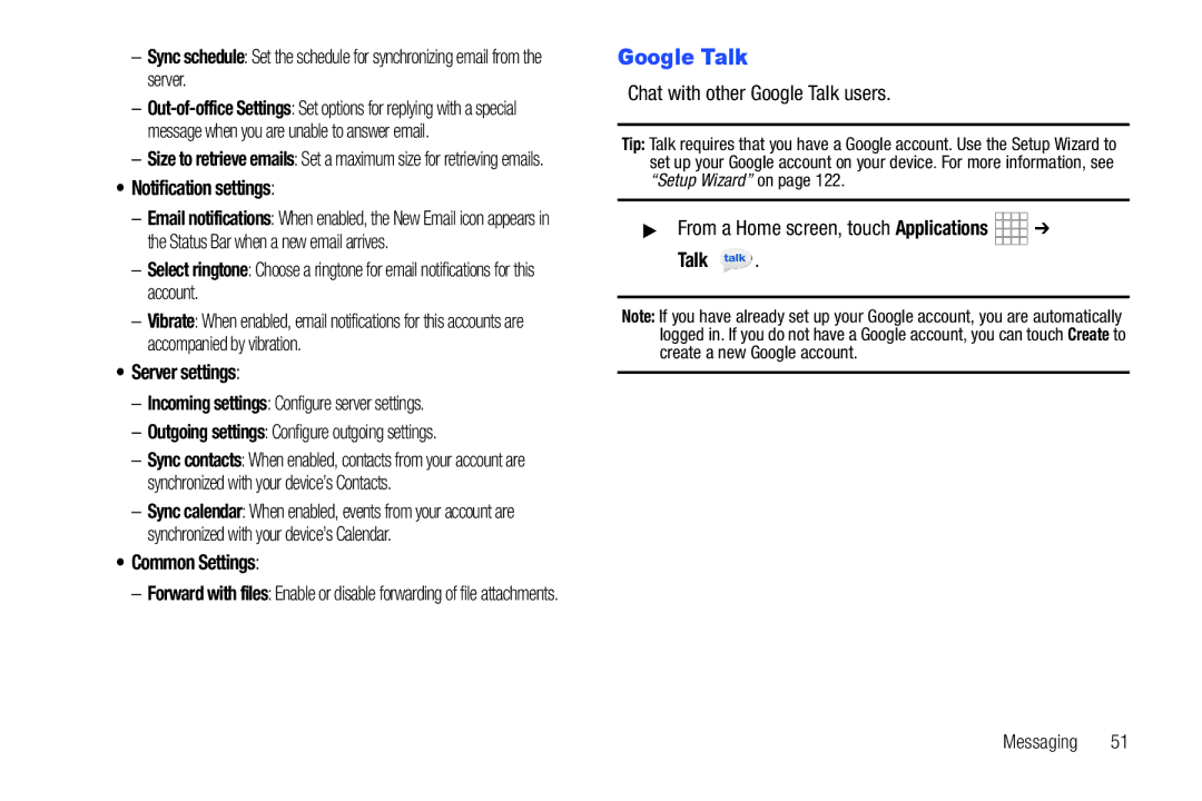 Samsung SCH-I800BKAVZW user manual Server settings, Common Settings, Chat with other Google Talk users 