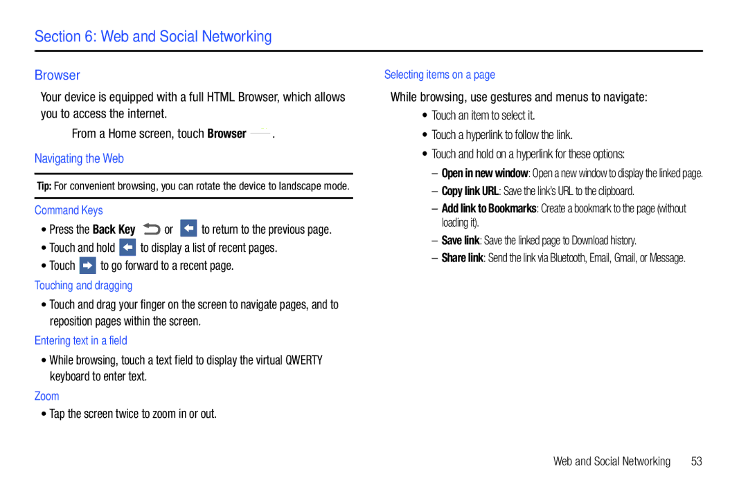 Samsung SCH-I800BKAVZW Web and Social Networking, Browser, Navigating the Web, Tap the screen twice to zoom in or out 