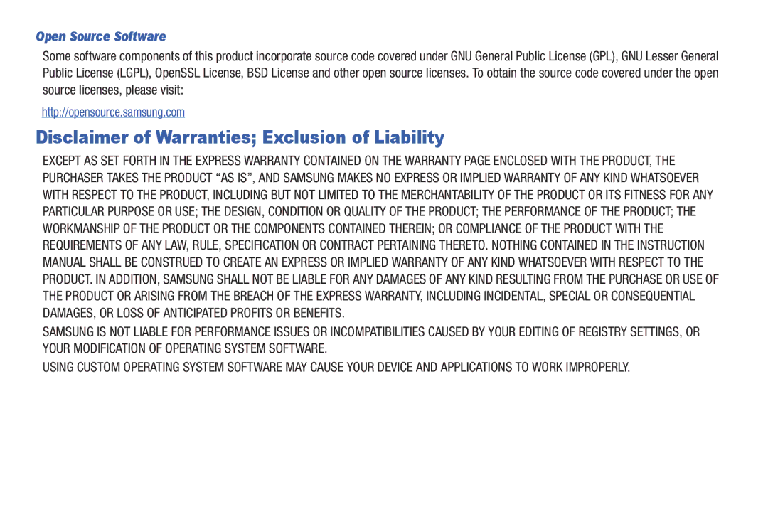 Samsung SCH-I800BKAVZW user manual Disclaimer of Warranties Exclusion of Liability, Open Source Software 