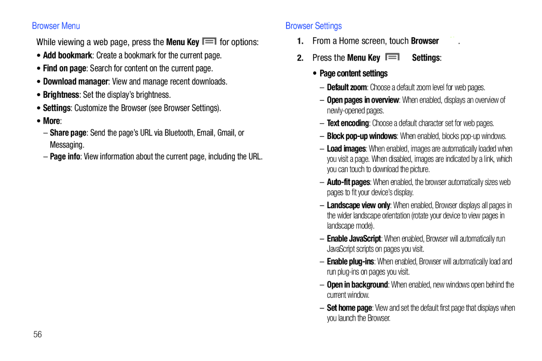 Samsung SCH-I800BKAVZW user manual Browser Menu, Find on page Search for content on the current, Browser Settings 