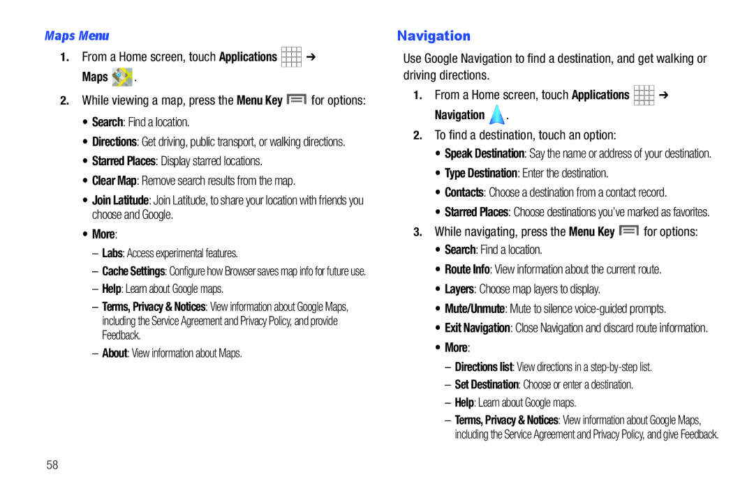 Samsung SCH-I800BKAVZW user manual Navigation, Maps Menu 