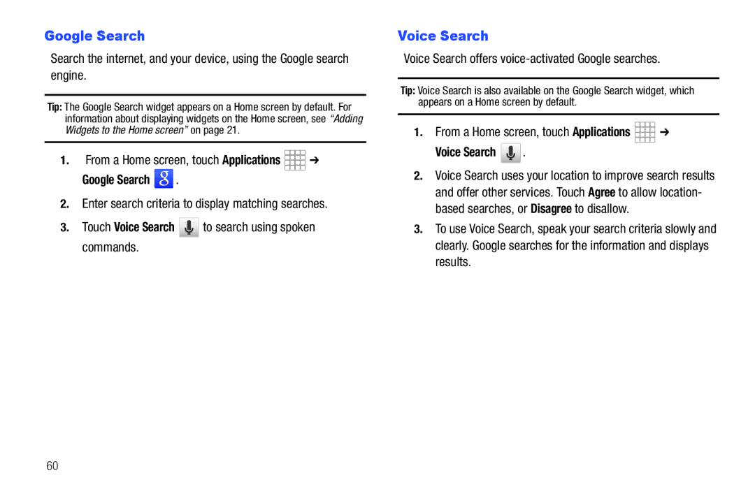 Samsung SCH-I800BKAVZW user manual Google Search, Voice Search offers voice-activated Google searches 