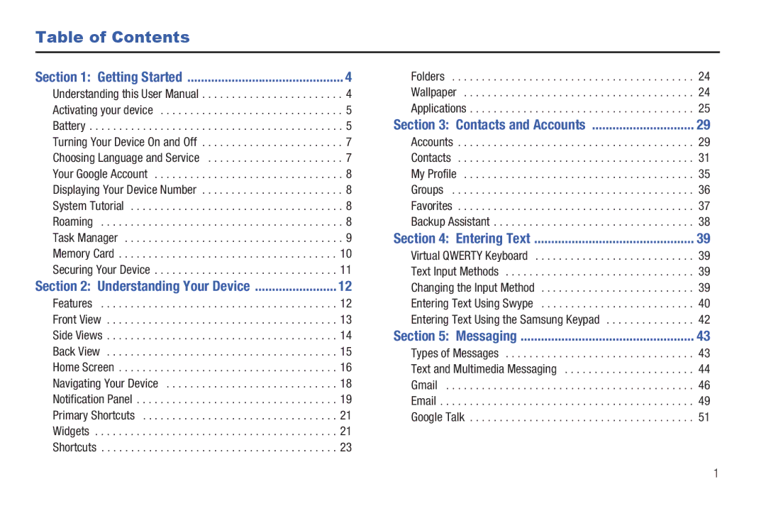 Samsung SCH-I800BKAVZW user manual Table of Contents 