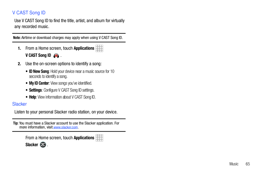 Samsung SCH-I800BKAVZW user manual Cast Song ID, Slacker, Use the on-screen options to identify a song 