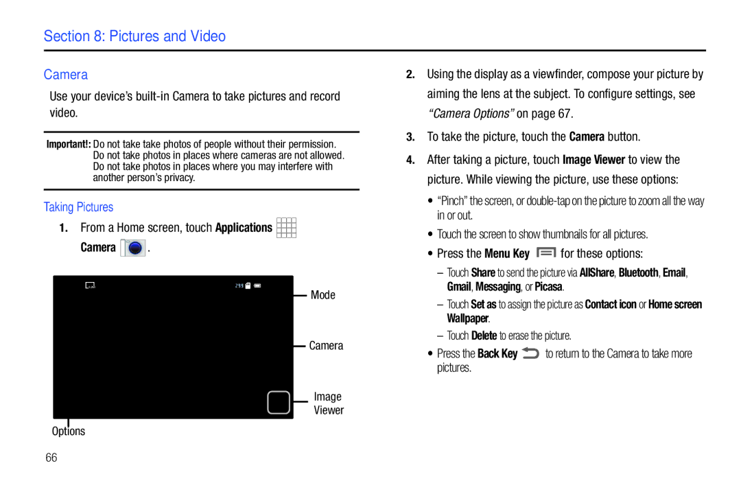 Samsung SCH-I800BKAVZW user manual Pictures and Video, Taking Pictures, To take the picture, touch the Camera button 