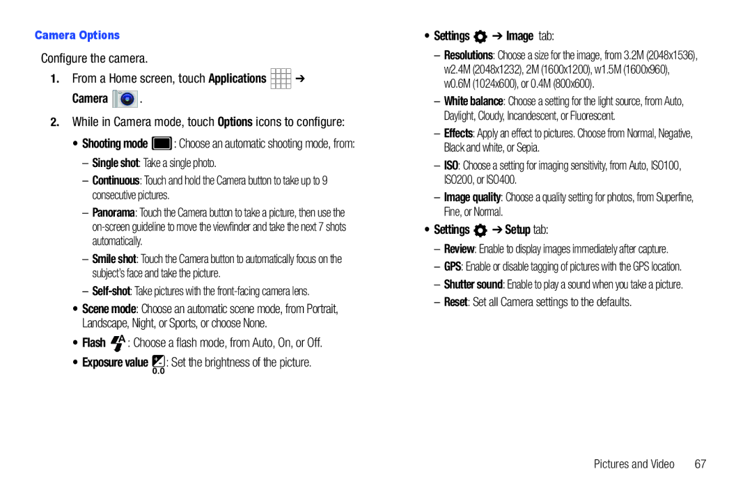 Samsung SCH-I800BKAVZW user manual Settings Image tab, Settings Setup tab 