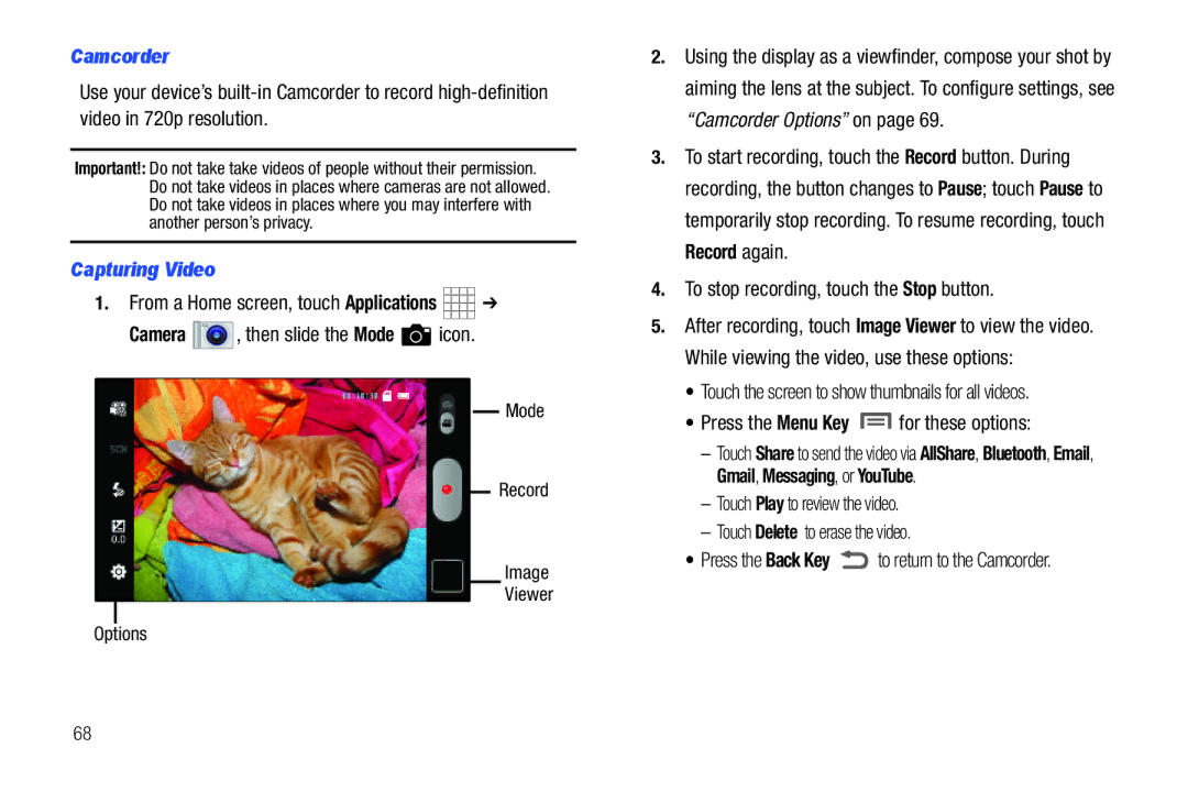 Samsung SCH-I800BKAVZW user manual Camcorder, Capturing Video, To stop recording, touch the Stop button 