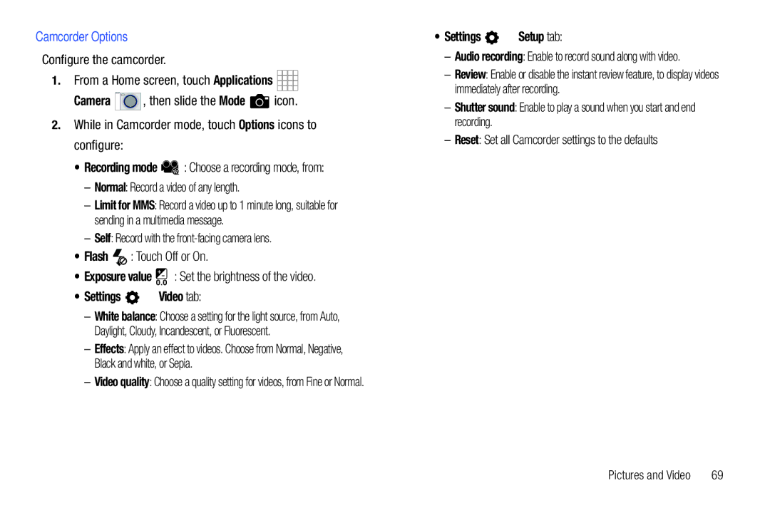 Samsung SCH-I800BKAVZW user manual Camcorder Options, Settings Video tab 