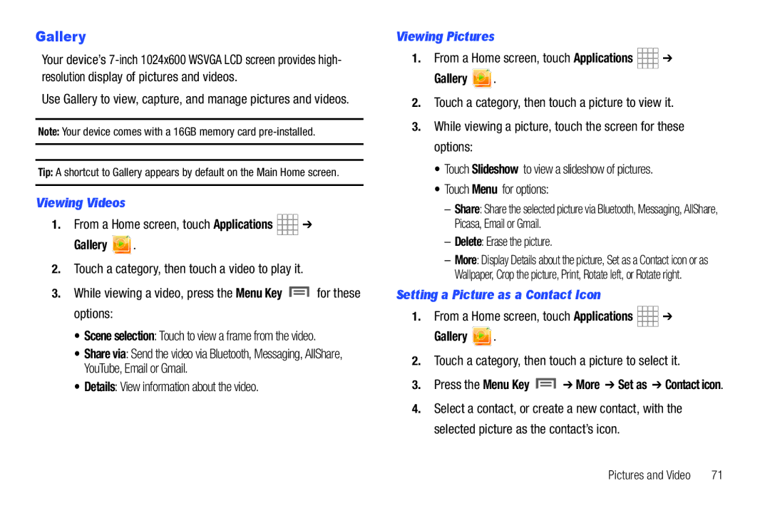 Samsung SCH-I800BKAVZW user manual Gallery, Viewing Videos, Viewing Pictures, Setting a Picture as a Contact Icon 