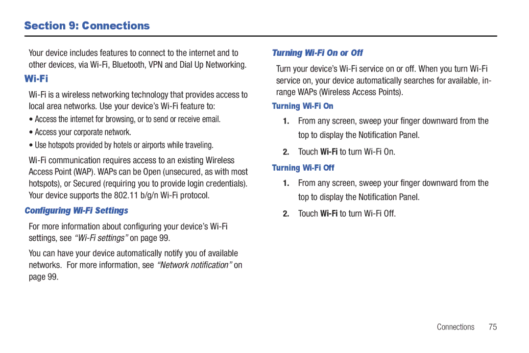 Samsung SCH-I800BKAVZW user manual Connections, Configuring Wi-Fi Settings, Turning Wi-Fi On or Off 