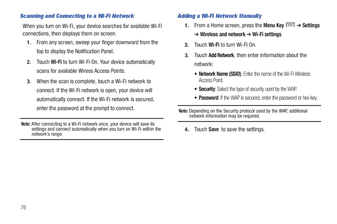 Samsung SCH-I800BKAVZW user manual Scanning and Connecting to a Wi-Fi Network, Adding a Wi-Fi Network Manually 