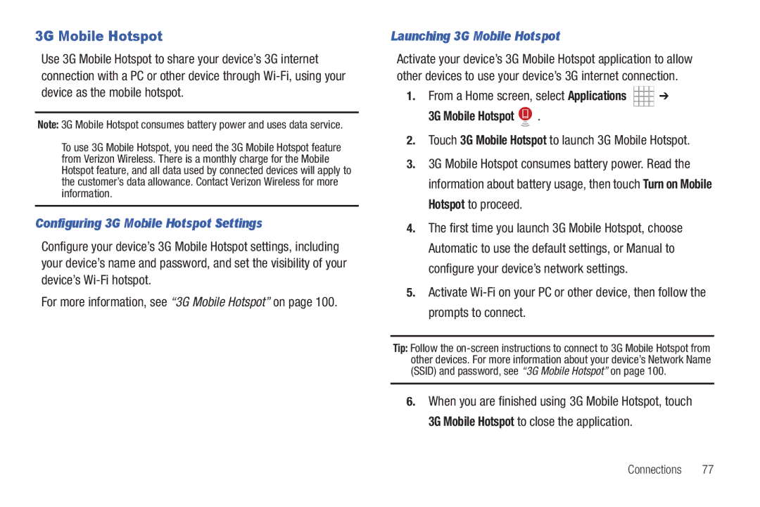 Samsung SCH-I800BKAVZW user manual Configuring 3G Mobile Hotspot Settings, Launching 3G Mobile Hotspot 