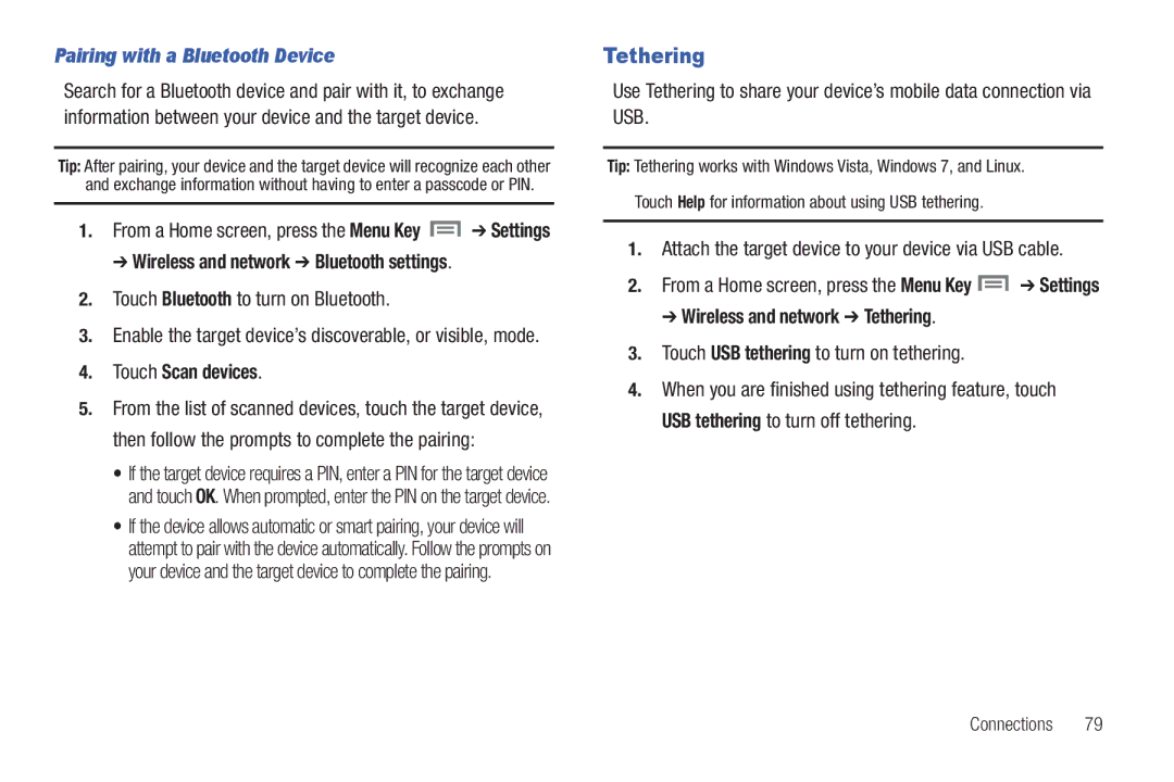 Samsung SCH-I800BKAVZW user manual Tethering, Pairing with a Bluetooth Device, Wireless and network Bluetooth settings 