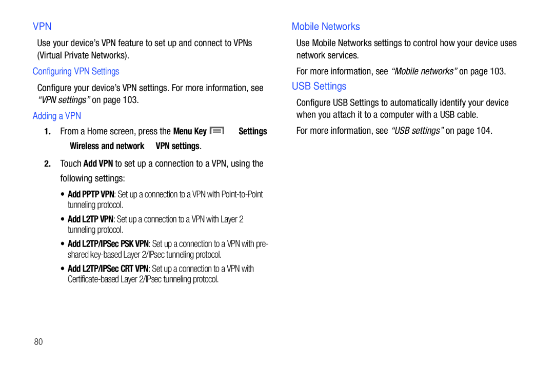 Samsung SCH-I800BKAVZW user manual Mobile Networks, USB Settings, Configuring VPN Settings, Adding a VPN 