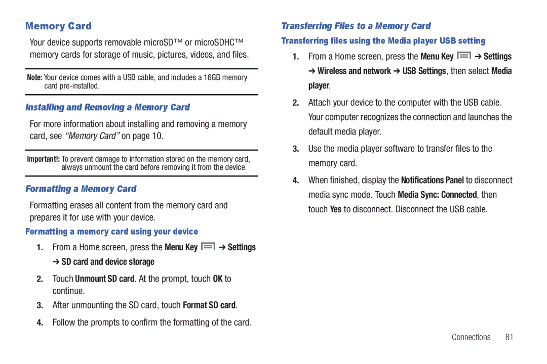 Samsung SCH-I800BKAVZW Installing and Removing a Memory Card, Formatting a Memory Card, SD card and device storage 