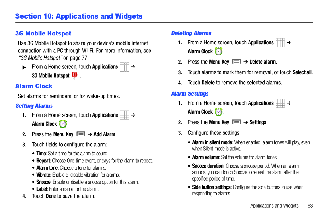 Samsung SCH-I800BKAVZW user manual Applications and Widgets, Alarm Clock, Setting Alarms, Deleting Alarms, Alarm Settings 