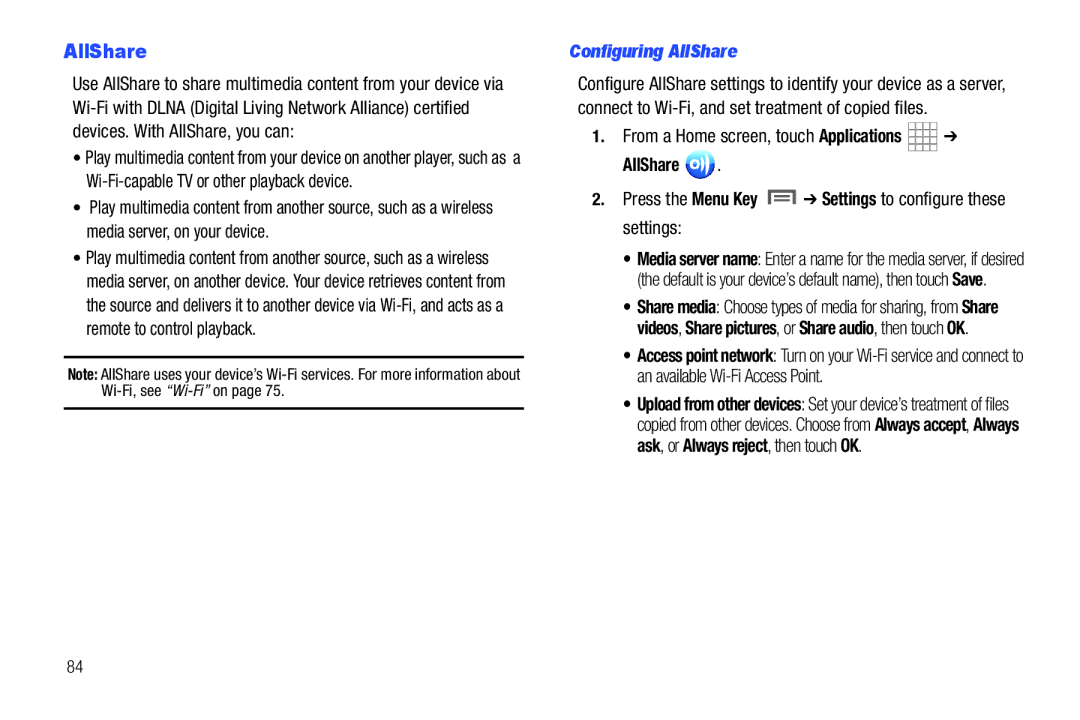 Samsung SCH-I800BKAVZW user manual Configuring AllShare 