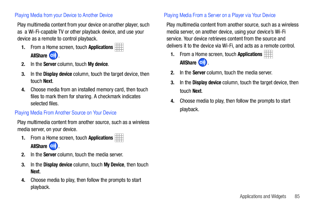 Samsung SCH-I800BKAVZW user manual AllShare, Playing Media from your Device to Another Device 