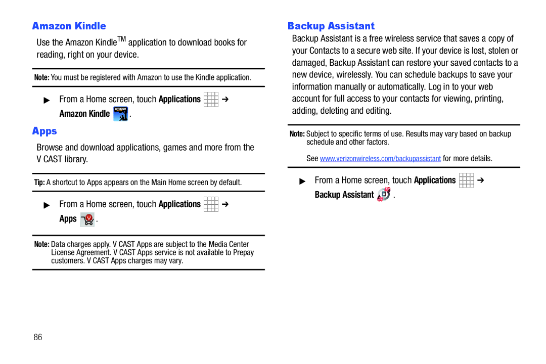 Samsung SCH-I800BKAVZW user manual Amazon Kindle, Apps 