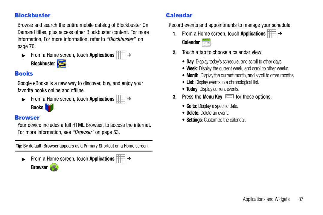 Samsung SCH-I800BKAVZW user manual Books, Calendar 