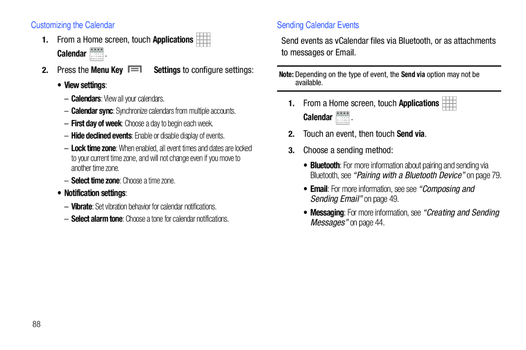 Samsung SCH-I800BKAVZW Customizing the Calendar, View settings, Sending Calendar Events, Choose a sending method 