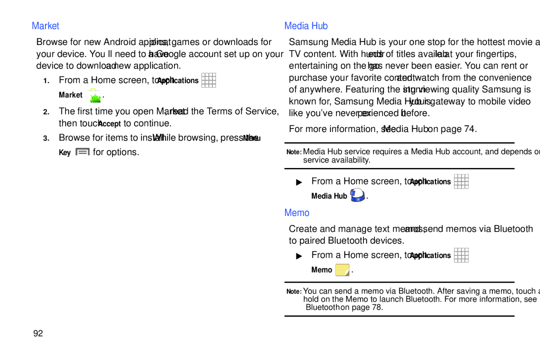 Samsung SCH-I800BKAVZW user manual Market, Memo, Key for options 