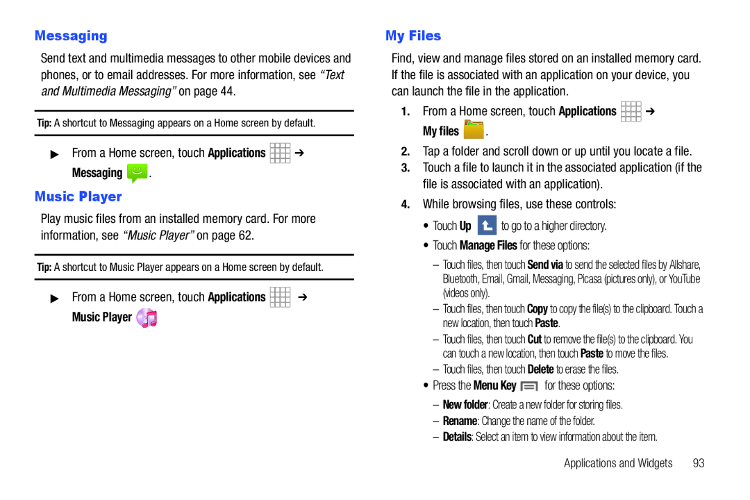 Samsung SCH-I800BKAVZW user manual Messaging, My Files, Music Player, My files 