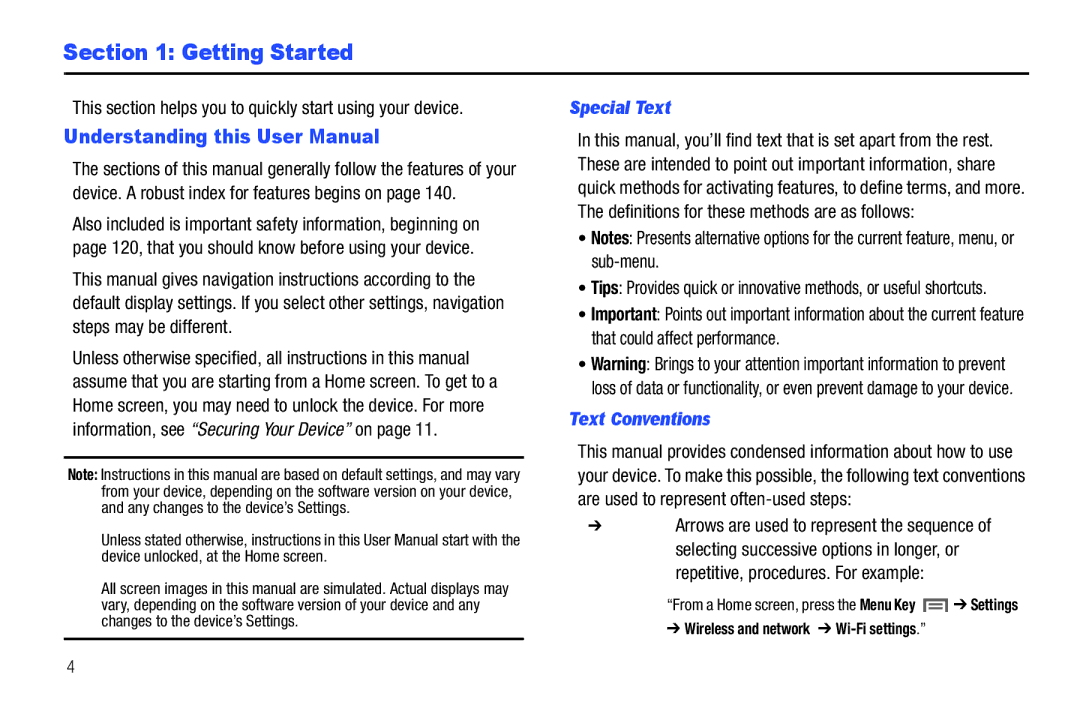 Samsung SCH-I800NSAUSC user manual Getting Started, This section helps you to quickly start using your device, Special Text 