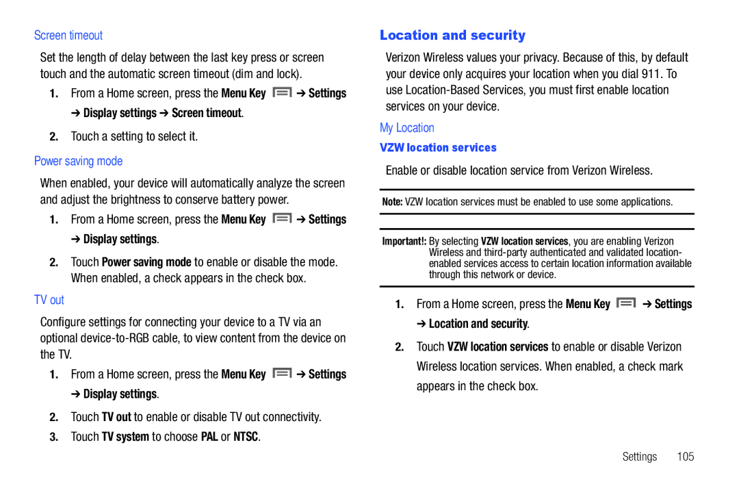 Samsung SCH-I800NSAUSC user manual Location and security, Screen timeout, Power saving mode, TV out, My Location 