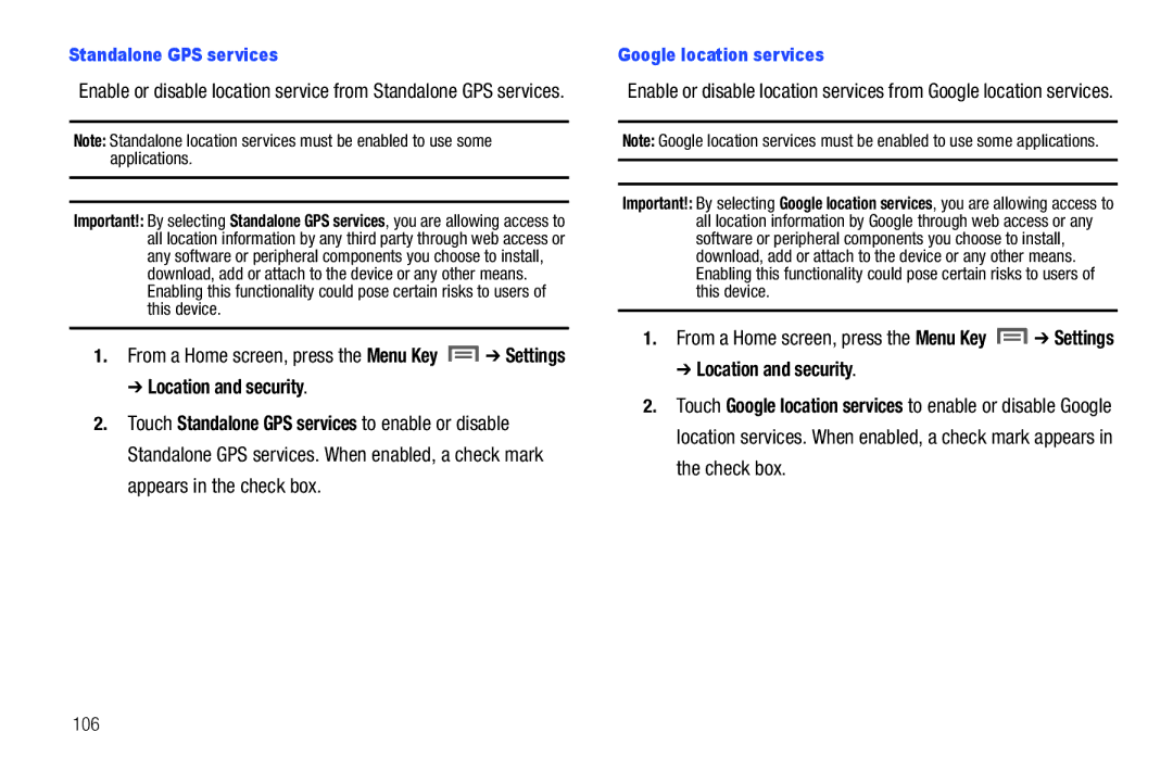 Samsung SCH-I800NSAUSC user manual Standalone GPS services, Google location services, 106 